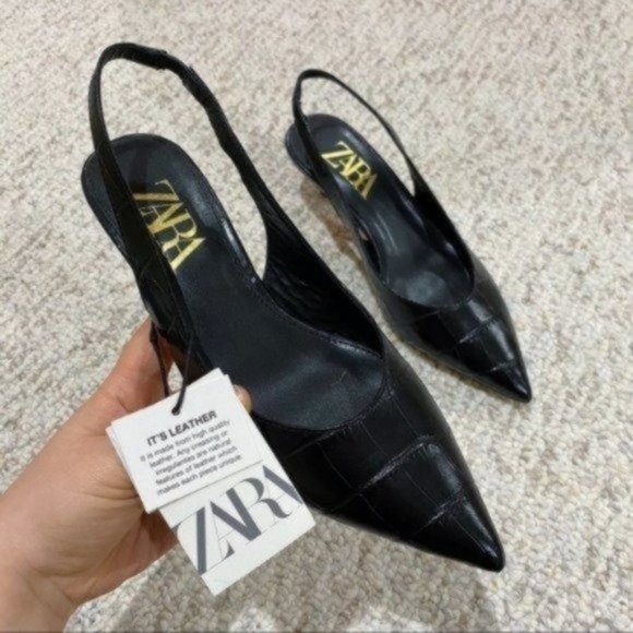 NWT Zara Leather Slingback Heels in Black